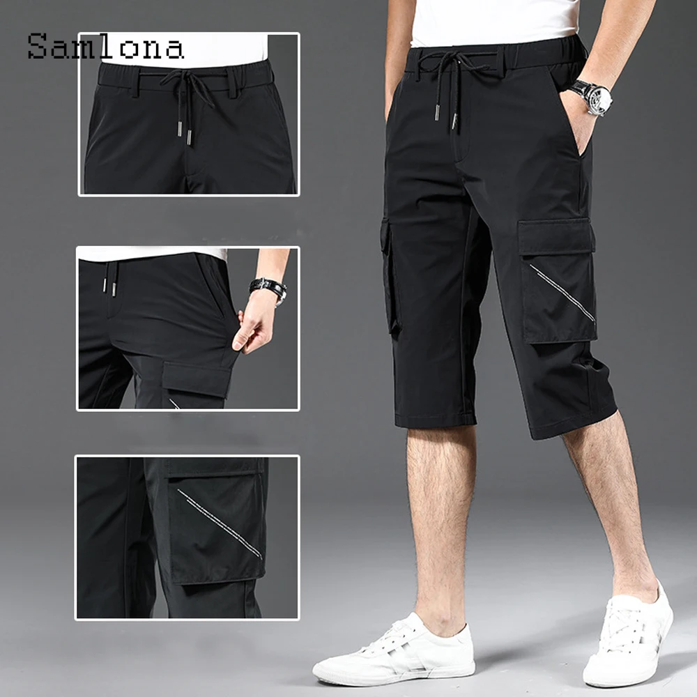 

Samlona Plus Size 4xl 5xl Men's Calf-Length Pants Kpop Style Casual Short Pants 2022 Summer New Sexy Fashion Stand Pocket Shorts
