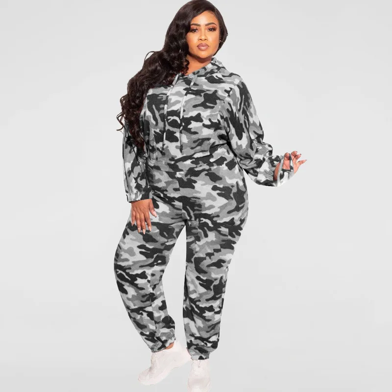 Plus Size Two Piece Set Camo Hoodie and Pant Sexy Women Bodycon Outfit 2022 Autumn Long Sleeve Tracksuit Female Fashion Clothing