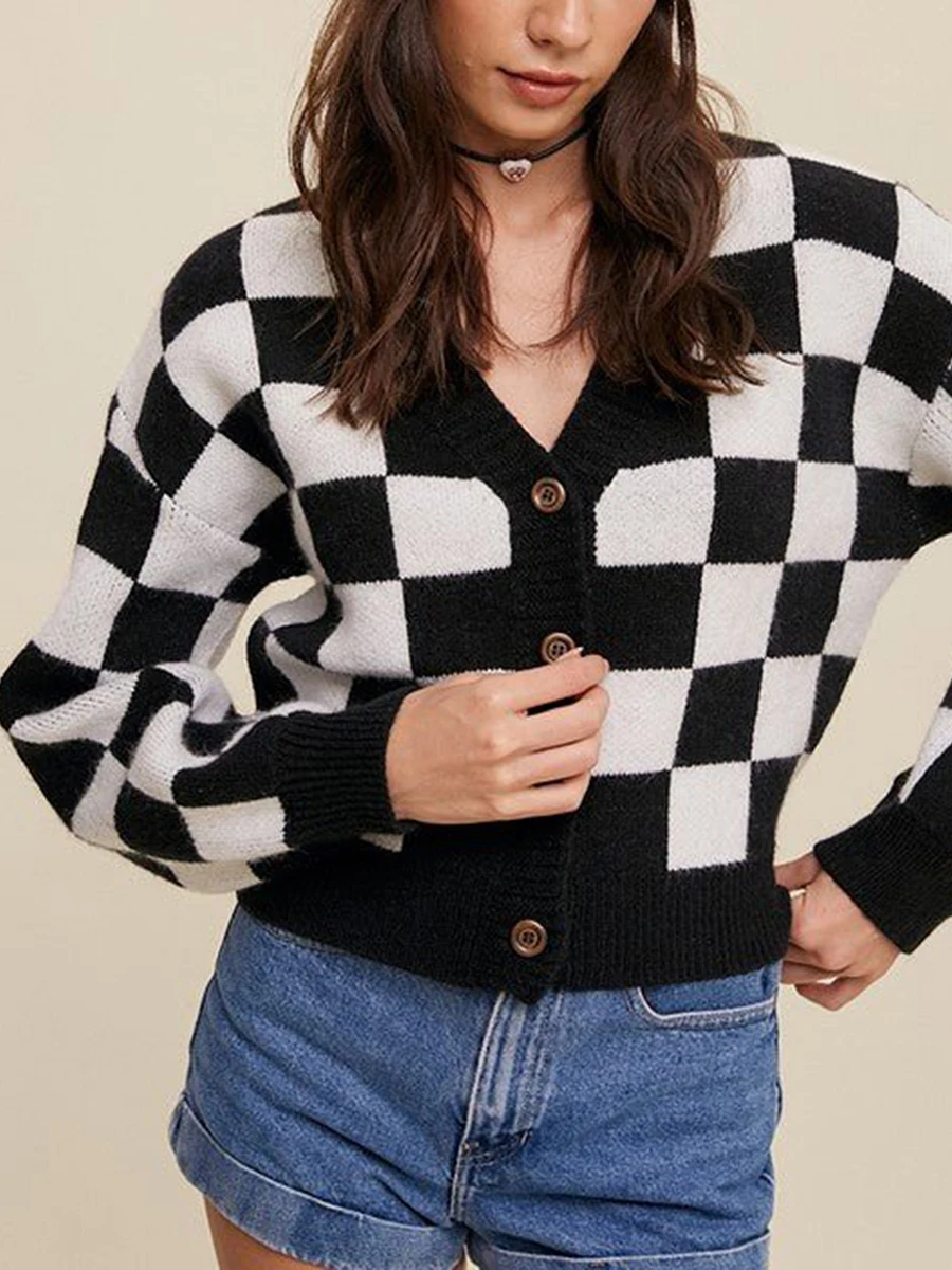 Женский клетчатый укороченный кардиган с v-образным вырезом и длинными рукавами