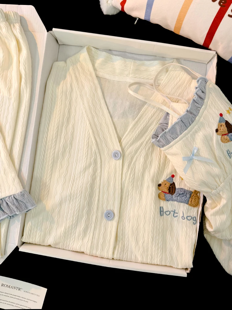 Пижамы с рисунком собаки и колбасы женские весенне-осенние хлопковые тонкие