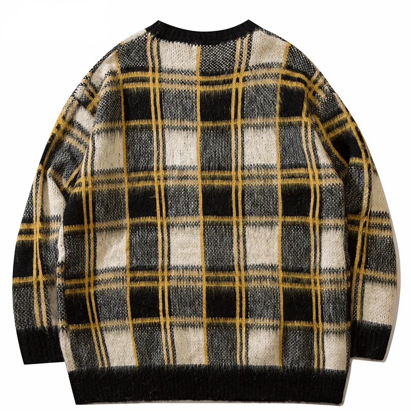 2023 Retro Plaid Sweater Streetwear Men Women Knitted Sweater Hip Hop Vintage Pullover Autumn Cotton Checkered Sweater Harajuku
