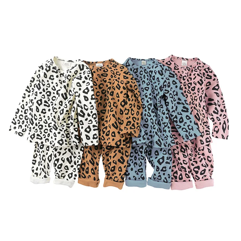 

New children's version of the leopard-print elastic homewear men's and women's baby pajamas high waist belly warm two-piece suit