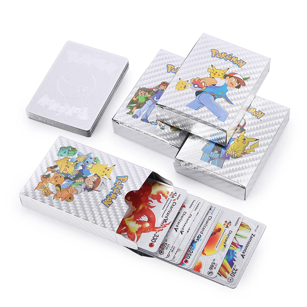 

Pokemon Silver Black Card Box Golden Letters English Spanish Playing Cards Metalicas Charizard Vmax Gx Collection Game Card Toy