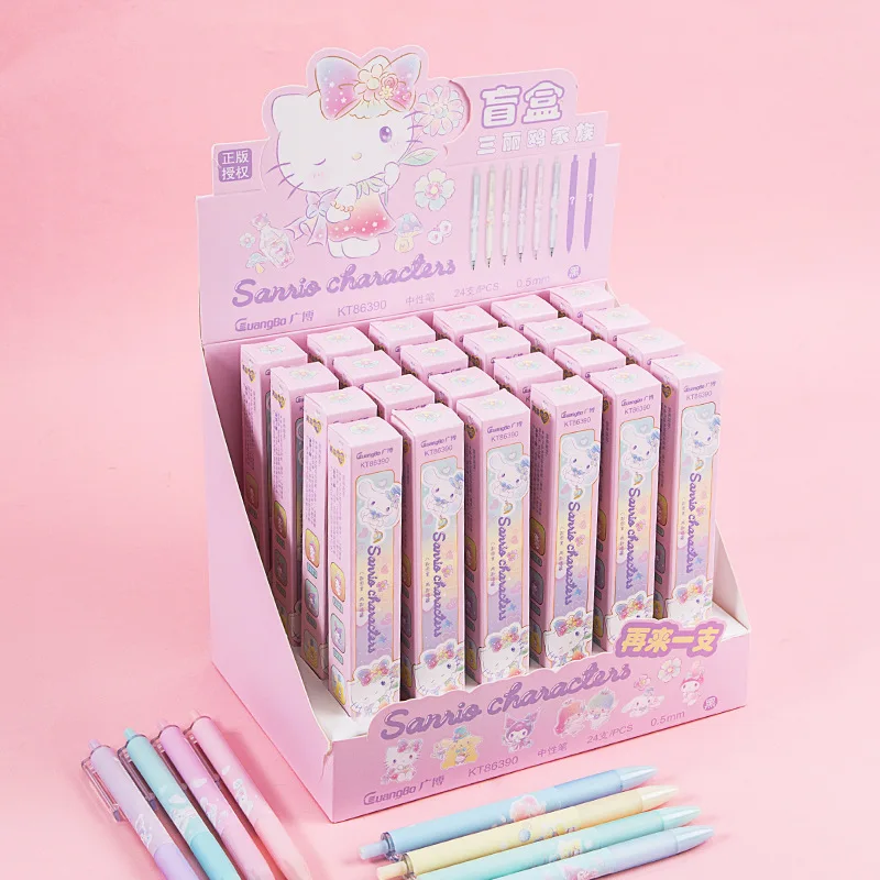 

24pcs/full box Kawaii Sanrioed Anime Cartoon series HelloKitty Blind Box Press Gel Pen Student Pen Stationery 0.5mm Black