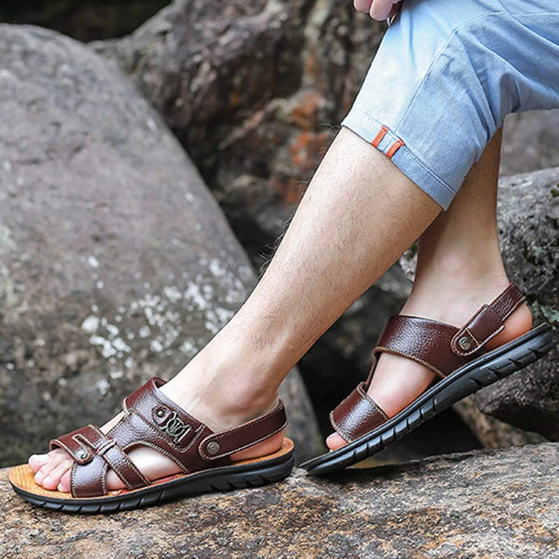 SALUDAS Casual Sandals Men Summer Leather Luxury Sandals Anti Slip Breathable Leather Handmade Beach Men's Slippers