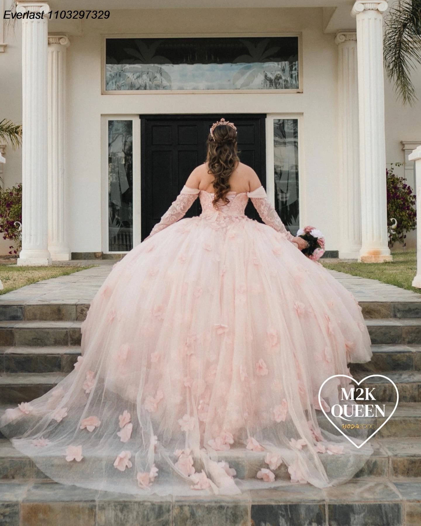 EVLAST мексиканское розовое платье Quinceanera бальное 3D Цветы аппликация бисер кристалл