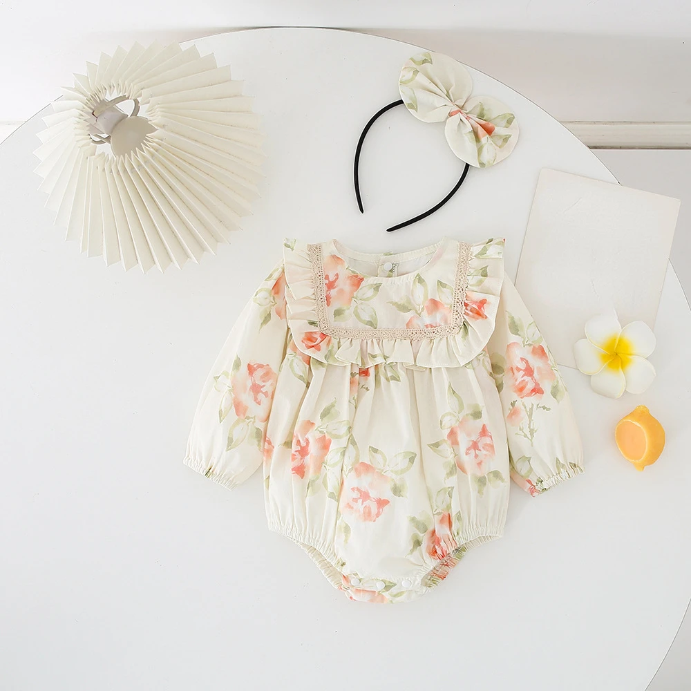 Freely Move 2022 Korean Girl's Ruffle Dress Princess Baby Floral Long Sleeve One-piece Dress Sisters Matching Wear Baby Rompers