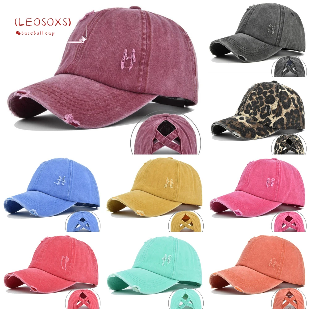 

(LEOSOXS) Women Vintage Washed Cotton Baseball Cap Sunscreen Distressed Ripped Criss Cross High Ponytail Adjustable Snapback Hat