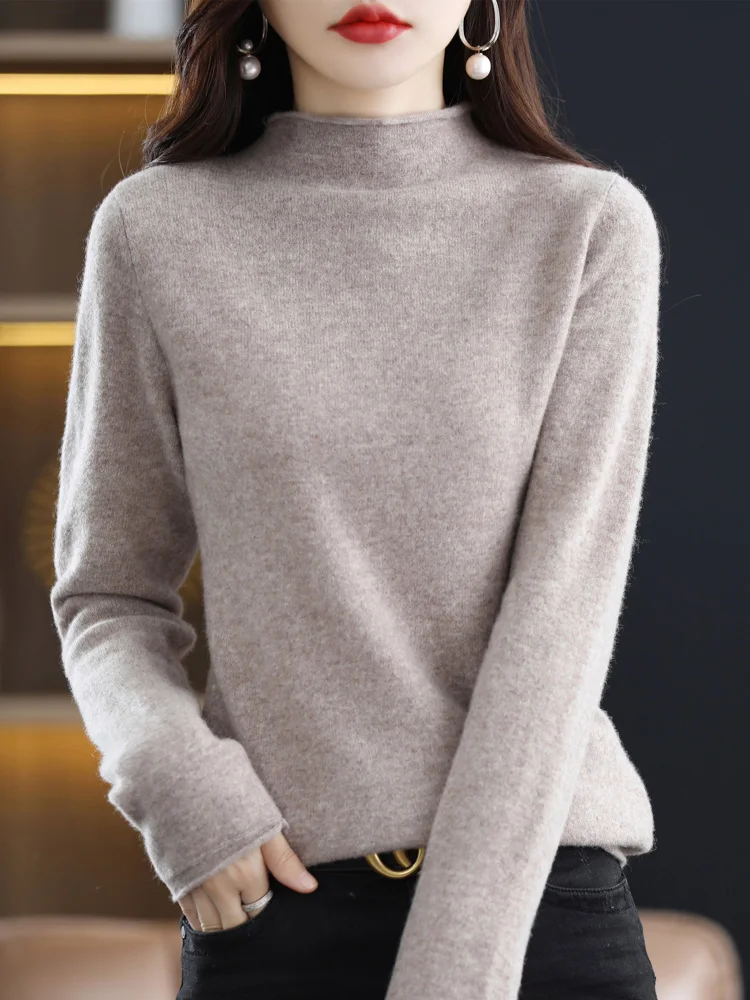 

100% Merino Wool Cashmere Women Knitted Sweater Mock Neck Long Sleeve Pullover Autumn Clothing Jumper Top