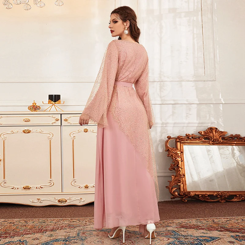 Elegant Dresses For Women Sequins Mesh Solid Pink Maxi Dress O-Neck Full Sleeve Belted Caftan Marocain Ladies Party Robe Ramadan