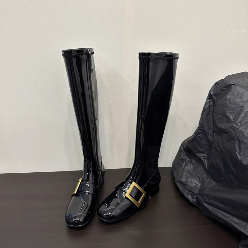 

Black Patent Leather Elastic Boots Winter Slim Knee-High Boots English Style INS Women Shoes Metal Buckle Tall Tube Knight Boots