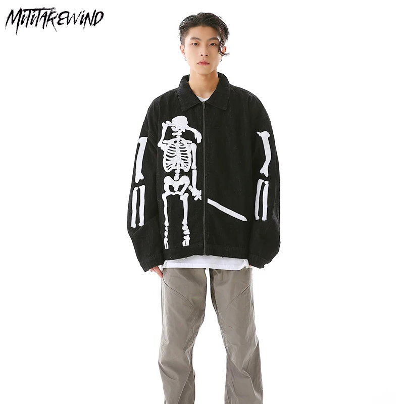 

Куртка мужская оверсайз с вышивкой, Повседневная Верхняя одежда на молнии, с отложным воротником, пальто с длинным рукавом, свободная уличная одежда