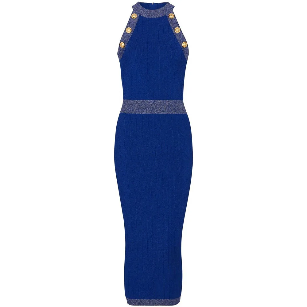 

Luxury Designer Party 2023 Summer Sleeveless Waist Wrapped Long Dress with Gold Silk Bright Thread Style Knitted Dress Elegant