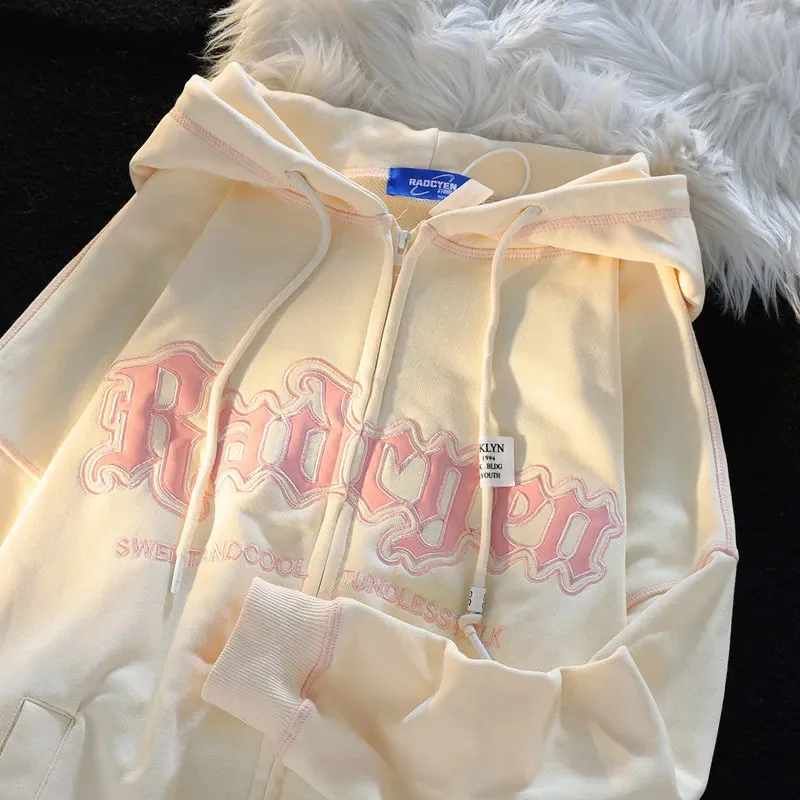 

Y2K кардиган-куртка на весну и осень, свитшот с длинным рукавом и капюшоном, свободный ленивый ветрозащитный топ на молнии, винтажные повседневные толстовки в стиле хип-хоп