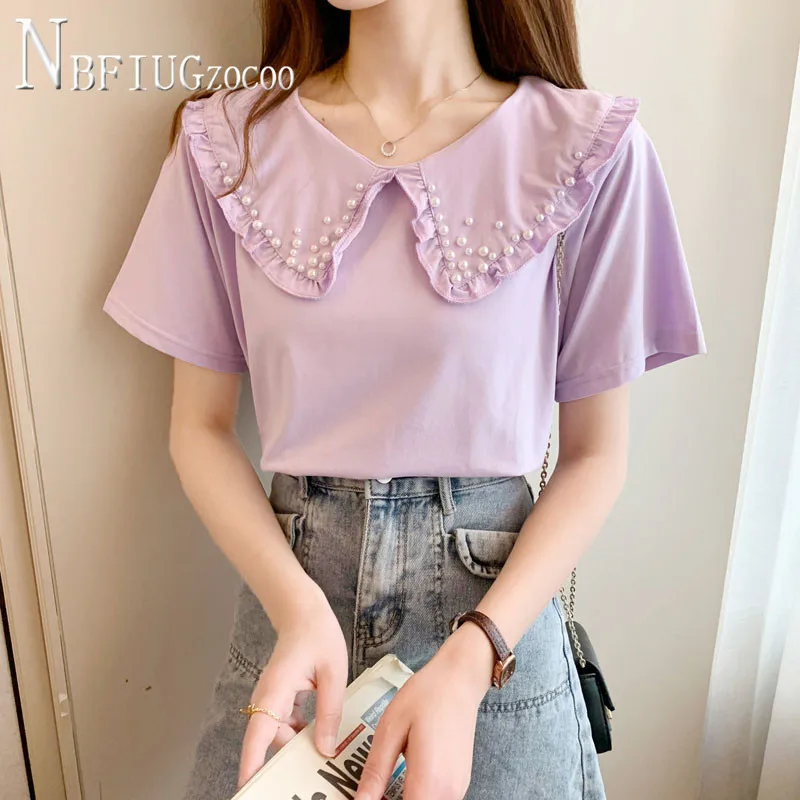 

Женские футболки с коротким рукавом и отворотом, украшенные жемчугом, футболки, топы