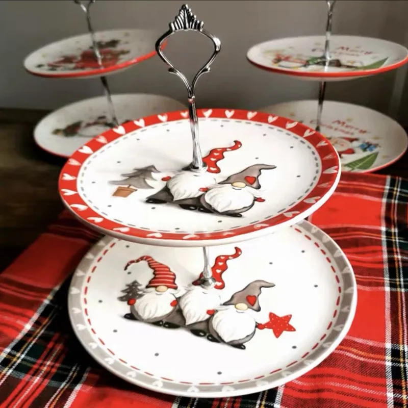 

Christmas Ceramic Double-layer Skewer Plate Three-layer Snowman Dessert Plate Husband Cake Fruit Plate Dessert Plate Tableware