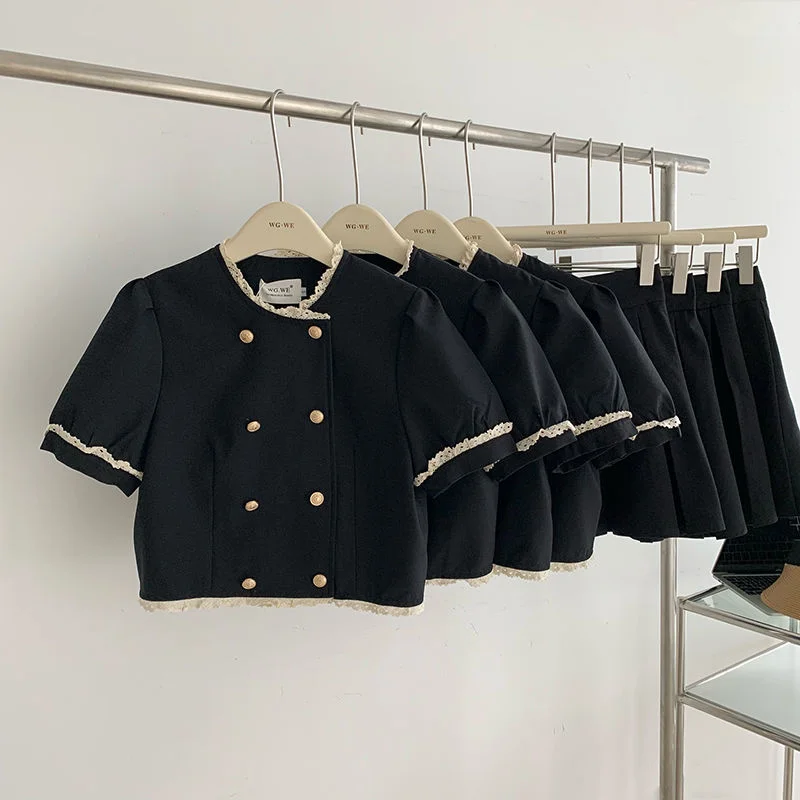 

Summer Women's Short Sleeved Shirt + Short Skirts Black Elegant Women Two Piece Set