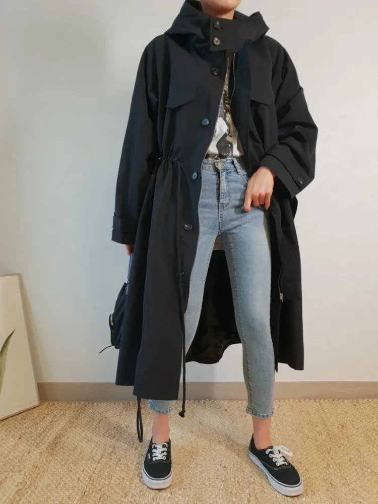 

Women's Autumn Winter Hooded Long Trench Coat Jacket Drawstring Waistbelt Windbreakers Full Sleeve Overcoat Outerwears Tops 2023