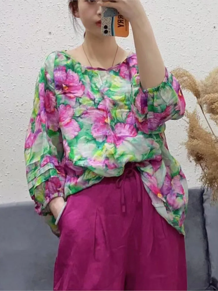 

Womens T-shirt Ramie Half Sleeve O-neck Floral Printed Loose Casual Summer Minimalist Female Top