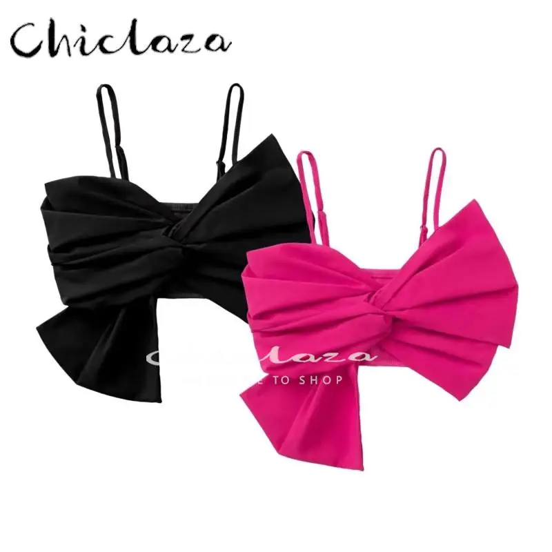 

CHICLAZA 2022 Women Fashion Crop Sleeveless Party Off Shoulder Spaghetti Strap Vest Female Solid Color Suspenders Bow Tank Tops