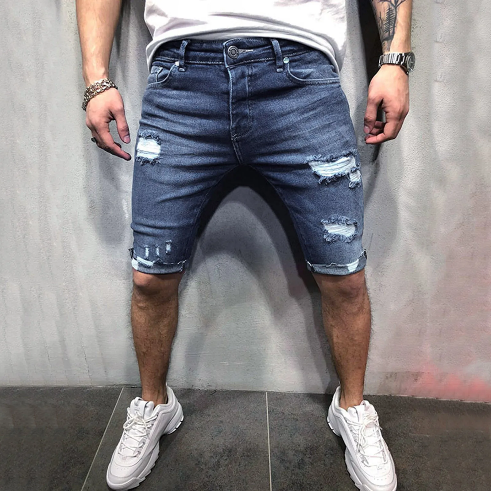 

2022 New Men Stretch Short Jeans Destroyed Skinny Ripped Pant Frayed Denim Casual Shorts High Quality Male Hole Out Short Jeans