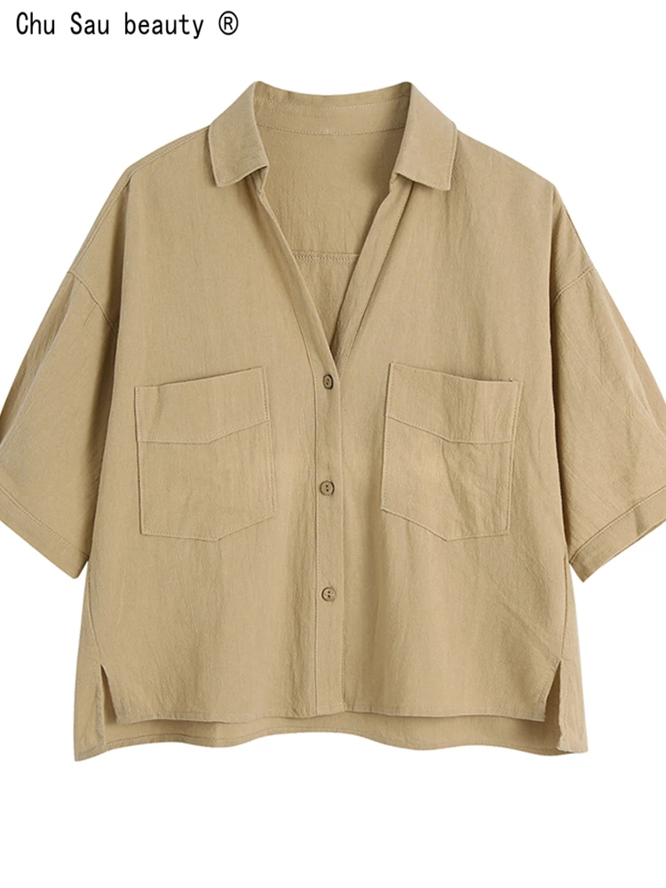 

2022 Summer New Fashion Simple Casual Double-Pocket Single-Breasted Short Sleeve All-Match Loose Shirt For Women