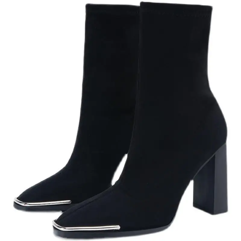 Elastic Suede High Heel Short Boots Women plus Velvet 2022 Autumn and Winter New Fashion Square Toe Chunky Heel Knight Shoes