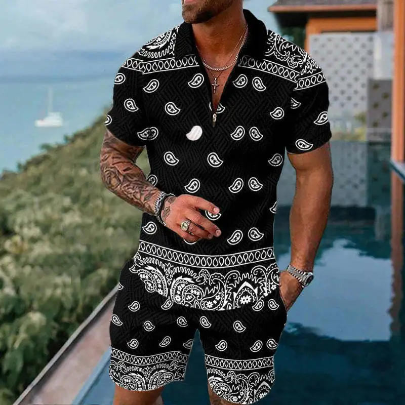 Men's Polo Shirt 2 Piece Set Luxury Liong KIng Print 3D Zipper Polo Tee  Tracksuits Fashion Sportswear Summer Outfit Piece Set