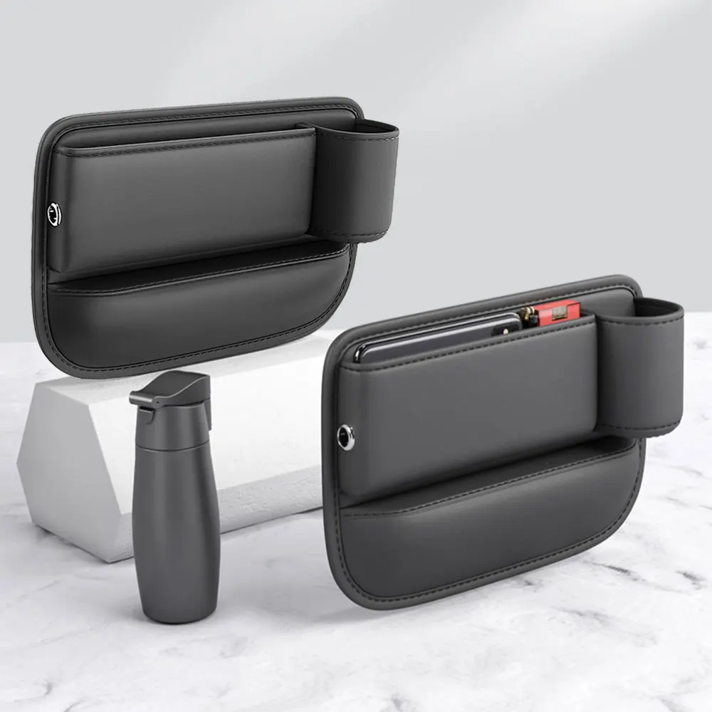 

Crevice Storage Box PU Leather Auto Console Side Storage Box Car Seat Gap Organizer with Cup Holder Seat for Cell Phone Keys
