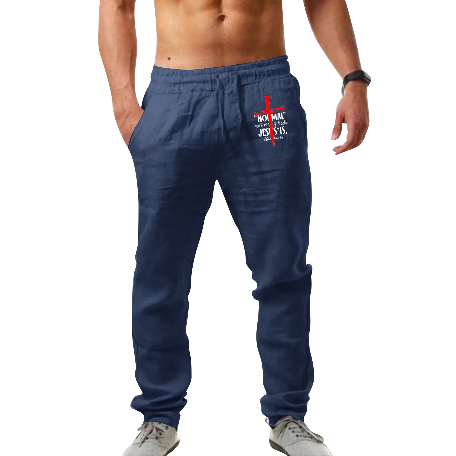 

M Apparel Mens Fashion Casual Printed Linen Pocket Lace Up Pants Large Size Pants