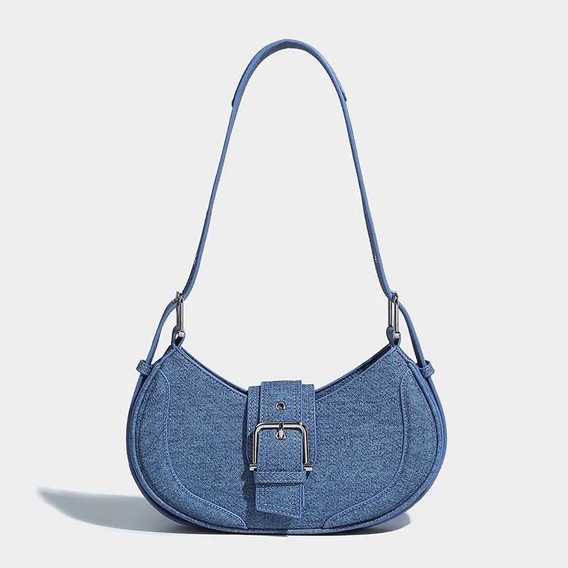 LOERSS Denim Bag for Women's Vintage Shoulder Bag Fashion Denim Design Half Moon Bag Casual Female Underarm Bag Adjustable Bag