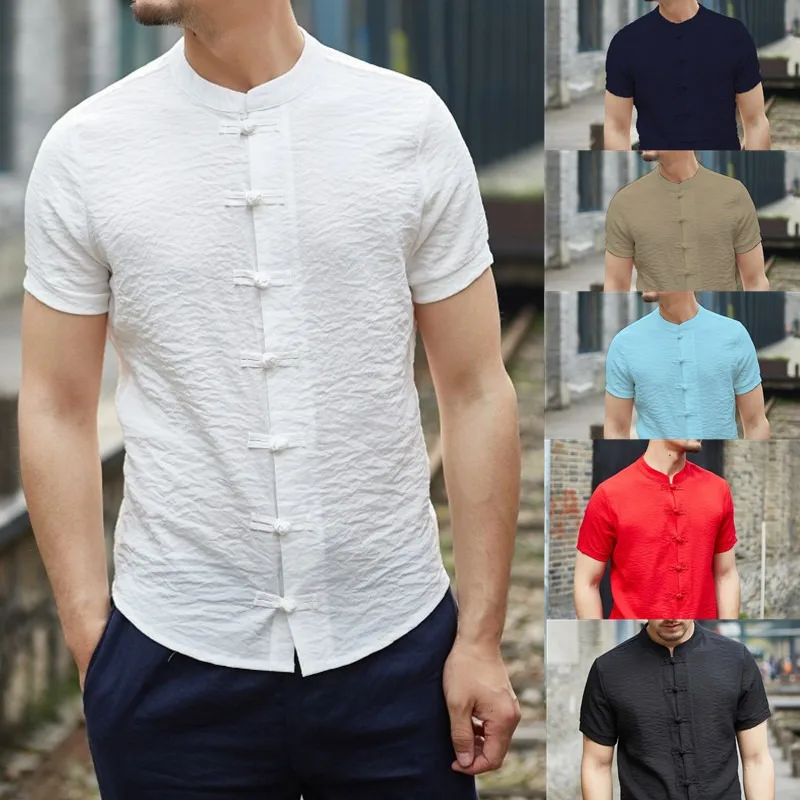 

Standing Collar Button Shirt Vintage Casual Cotton