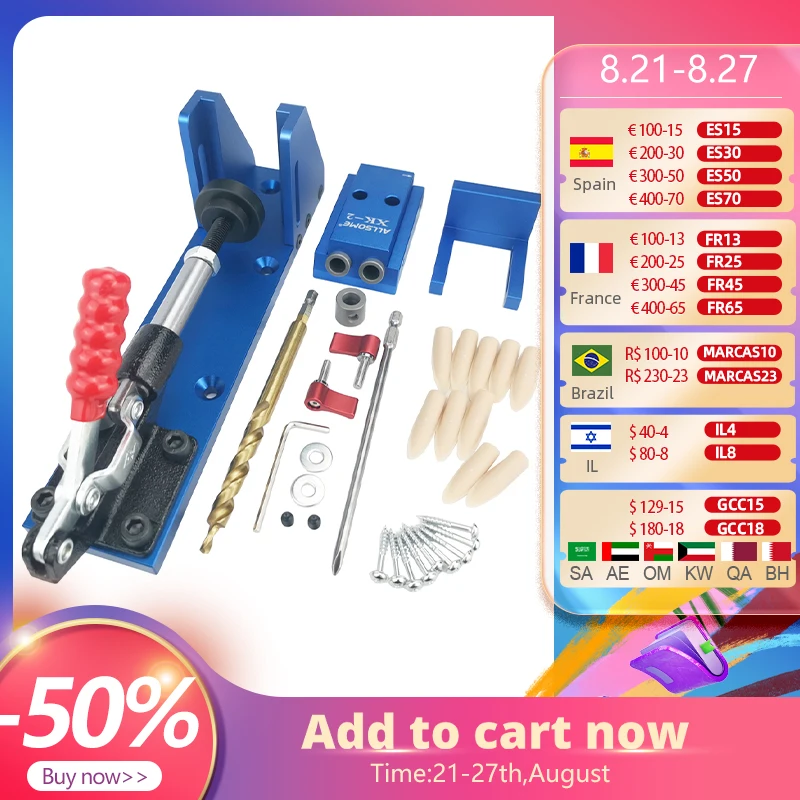 ALLSOME Aluminum Pocket Hole Jig Kit Wood Hole Saw 9.5mm Step Drill Bits 150mm PH2 Screwdriver Bit with Pocket Plugs Screws