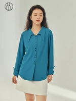 dushu office lady turn down collar full sleeve women shirts blue solid casual tops 2022 spring new single breasted shirts