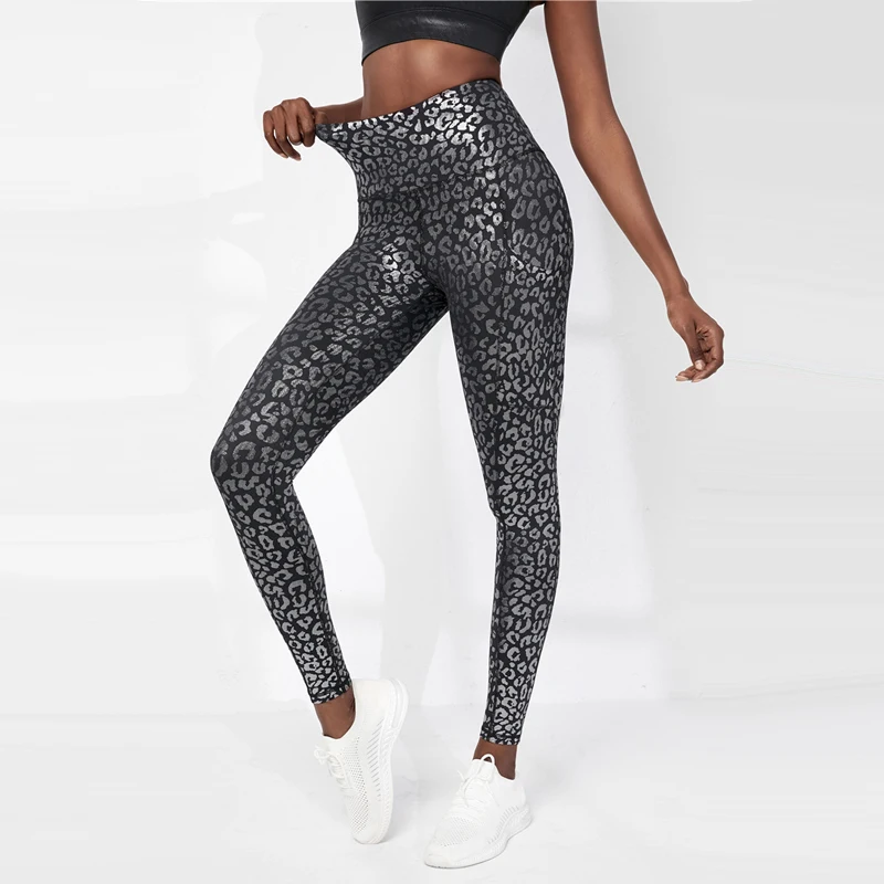 

Leopard Bronzing Print Fitness Yoga Tight Pocket Pants Women High Waist Plus Size Running Workout Leggings with Side Pockets