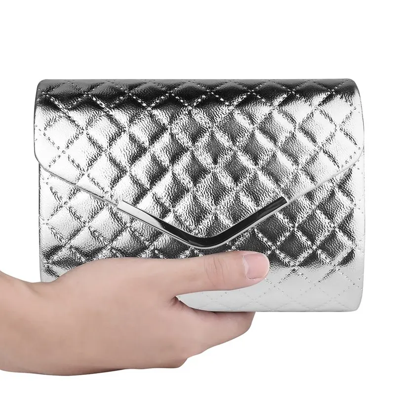 Quilted Texture Clutch Bag with Silver Chain Shoulder Strap for Women Travel Organization