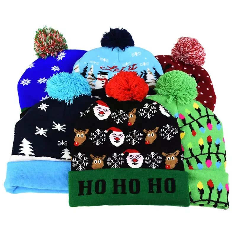 

New Christmas Hats Sweater Santa Elk Knitted Beanie Hat With LED Light Up Cartoon Patteren Christmas Gift For Kids New Year Supp
