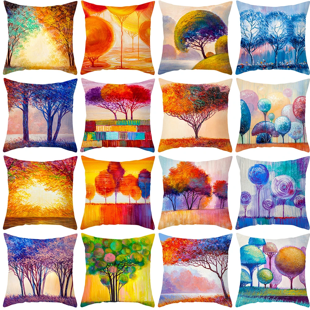 

Color Oil Painting Trees Pattern Decorative Pillowcase Polyester Cushion Cover 45X45 Fall Pillow Cover Sofa Cushions Home Decor