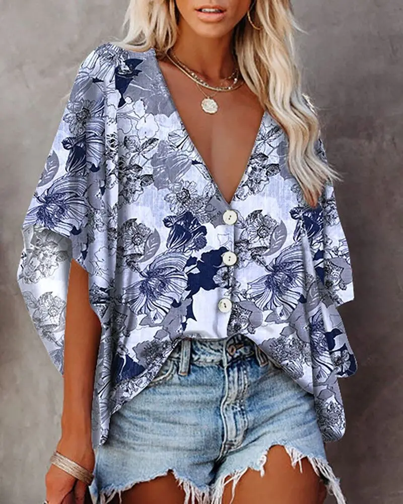 

2023 Summer Women's Printed Short-sleeved Shirt Floral Loose T-shirt Fashion Casual Commuter All-match Tops Female and Lady