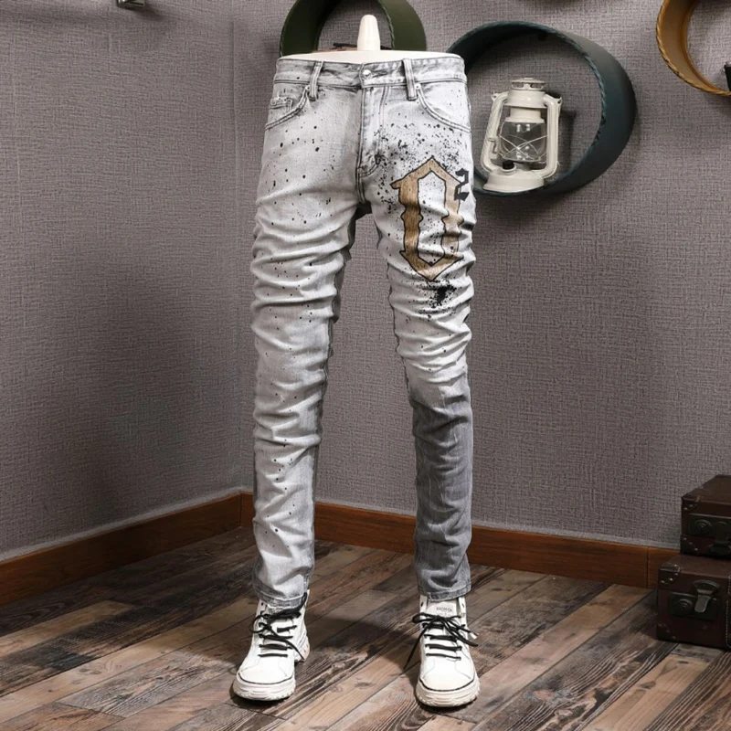 Streetwear Fashion Men Jeans Retro Light Gray Stretch Slim Printed Ripped Jeans Men Painted Designer Hip Hop Brand Pants Hombre