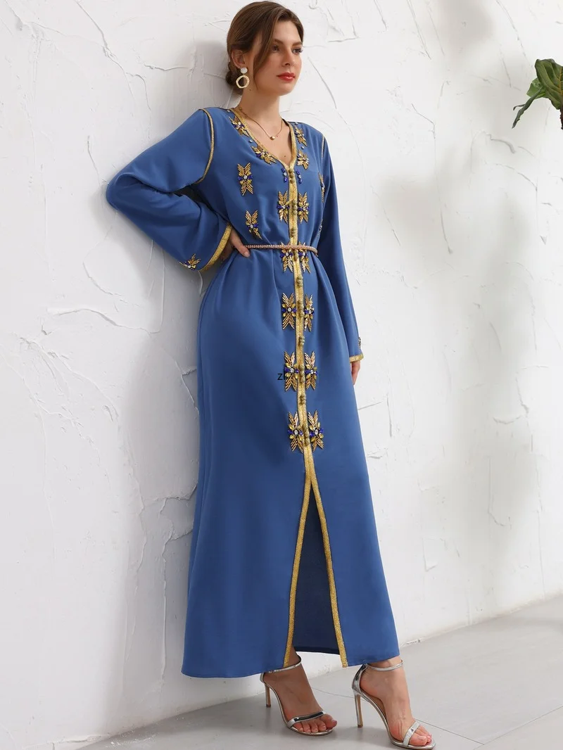 Eid Abaya Dubai Handmade Diamond Beading Muslim Dress Islam Ramadan Abayas for Women Kaftan Robe Longue Vetement Femme Musulman
