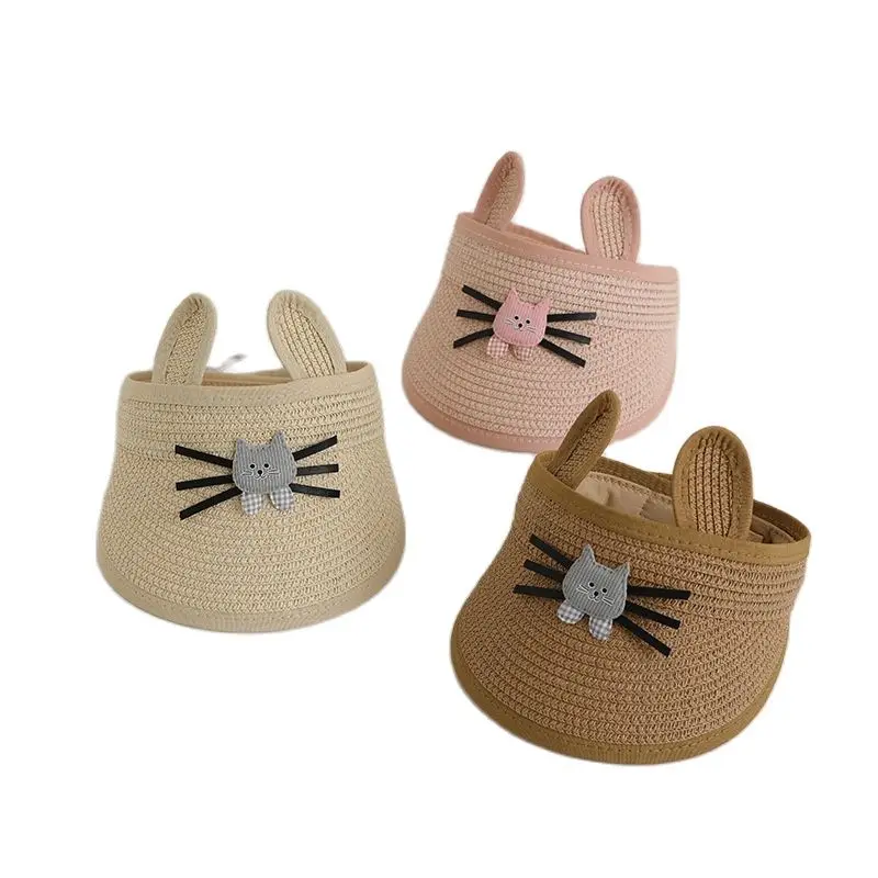 

4 Colors Summer Outdoor Kids Cute Cartoon Cat Straw Hat Girls Boys Adjustable Empty Top Sun Hats Children Sun-Proof Cap 1-5Y