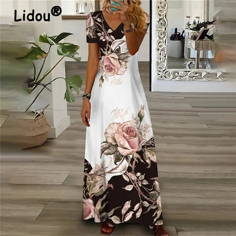 

Vintage Floral Print Boho Party Elegant Long Dresses for Women 2023 Summer Fashion V Neck Short Sleeve Beach Maxi Dress Vestidos