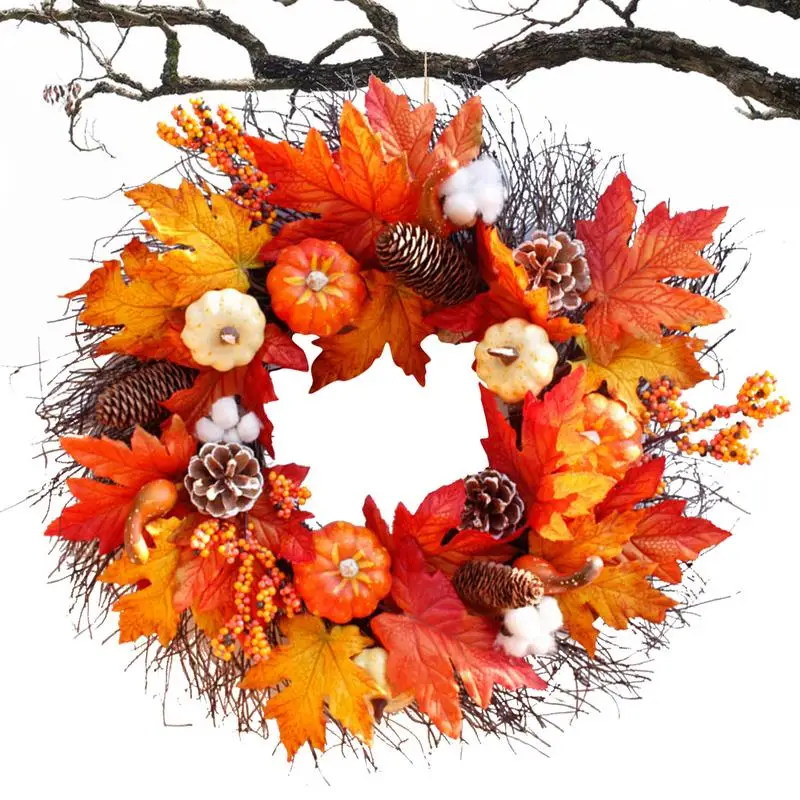 

Thanksgiving Wreath Artificial Pumpkins Wreath Fall Door Decorations 21.65inch Rustic Farmhouse Autumn Garland Hanger Decor For