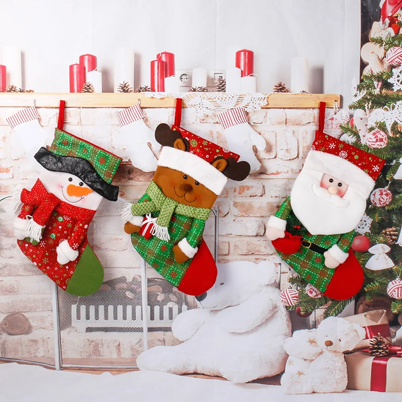 

Christmas Stocking Set 3 Santa,Snowman,Reindeer,Xmas Character 3D Plush with Faux Fur Cuff Christmas Decorations Party Accessory