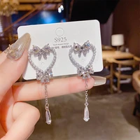 korean sweet pearl hollow heart drop earrings for women girls fashion bowknot crystal long pendientes mujer jewelry