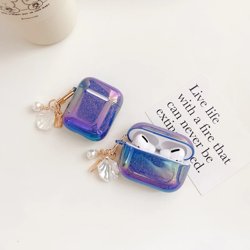 

Luxury Cute Pearl Shell Keychain Water Drop Rainbow Hard Headphone Earphone Case For Airpods 1 2 Pro Wireless Headset Cover Case