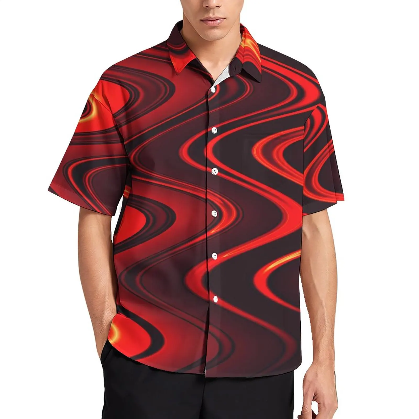

Abstract Swirls Vacation Shirt Red And Black Hawaii Casual Shirts Mens Funny Blouses Short Sleeve Design Top 3XL 4XL
