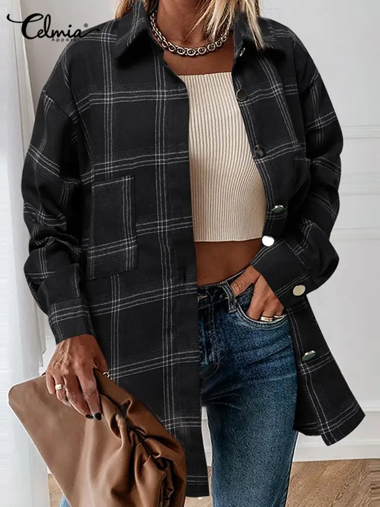 

Женская Клетчатая блуза Celmia на пуговицах, весна 2022, модные топы в клетку с длинным рукавом, элегантные рубашки с карманами и лацканами, длинн...