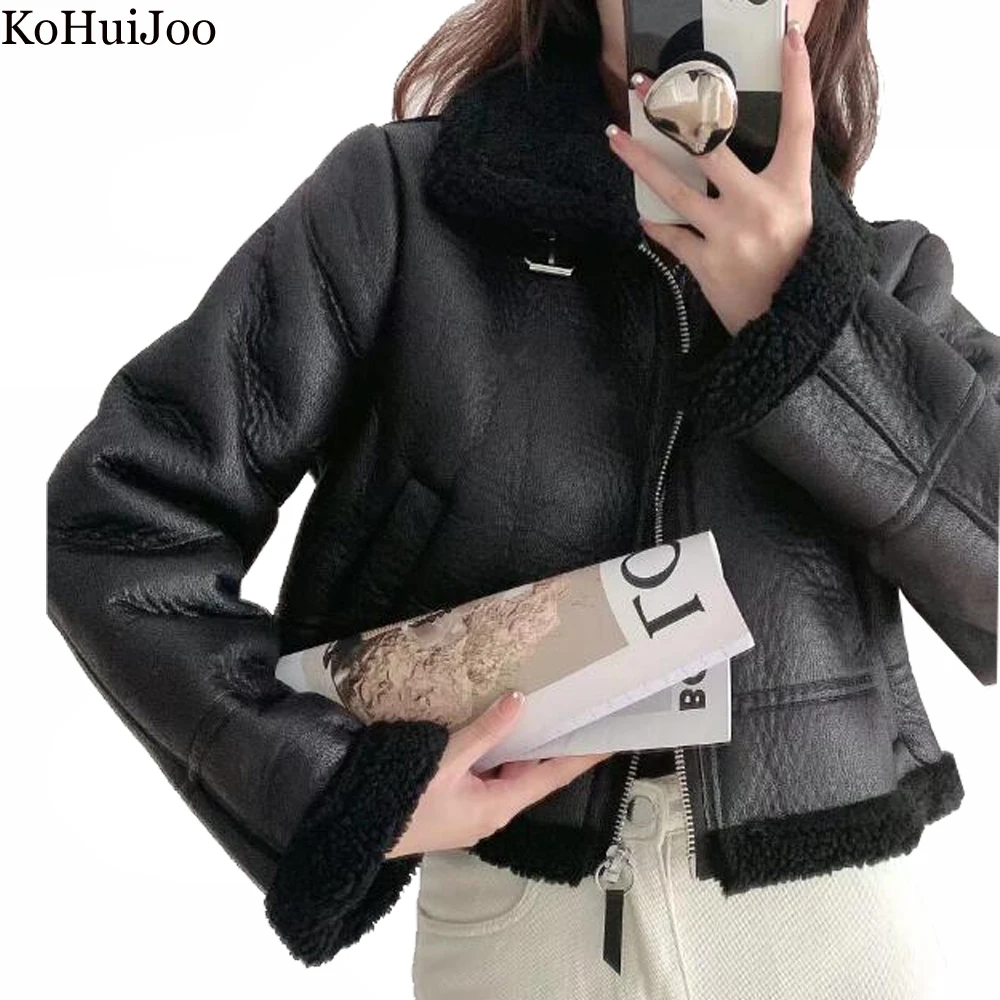 KoHuiJoo Womens Coats Winter Jackets 2022 Korean Short Slim Double Faced Fur Coat Women Warm Thickening Motorcycle Outerwear
